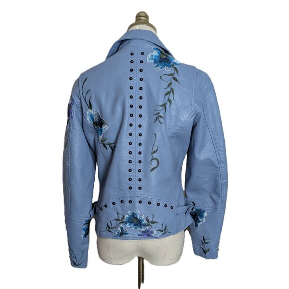 Colleen Lopez Blue Floral Embroidered Faux Leather Moto Jacket Size S Studded - Picture 5 of 6